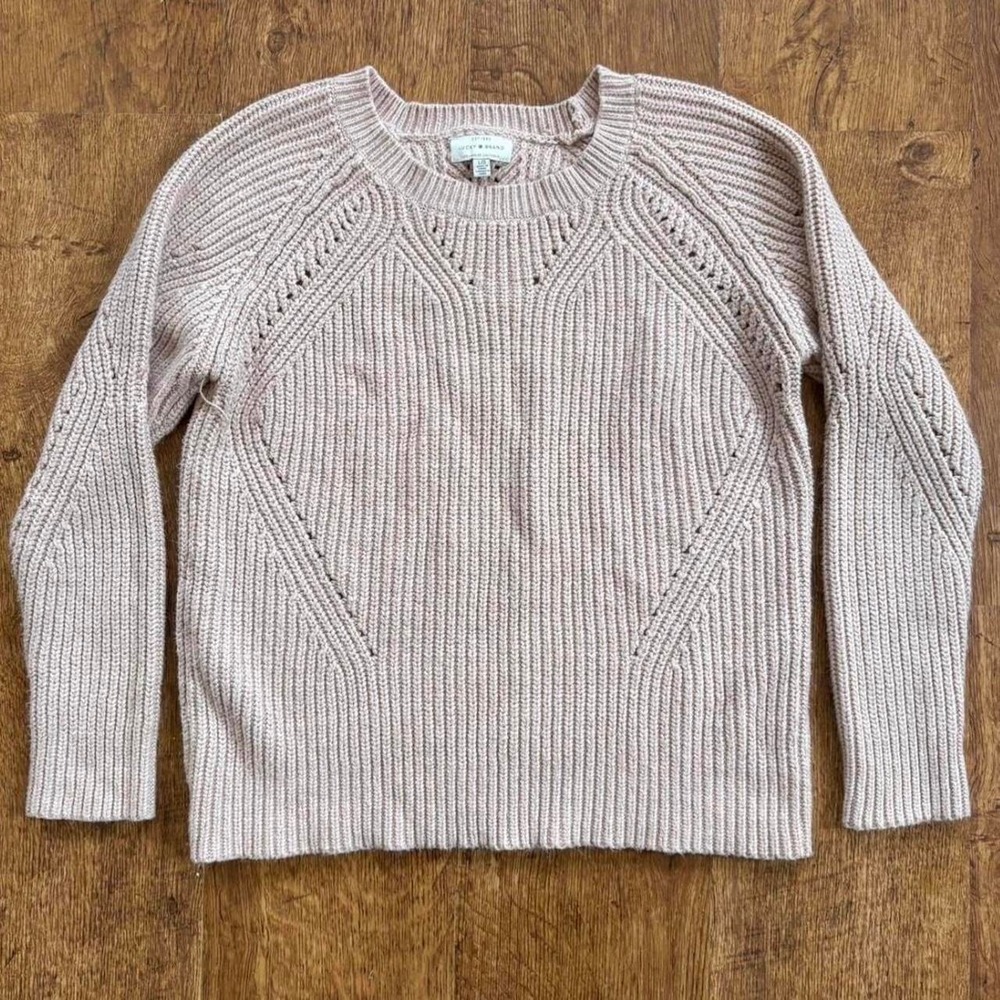 peach colored cable knit sweater with a preppy vibe, flaw shown in photos